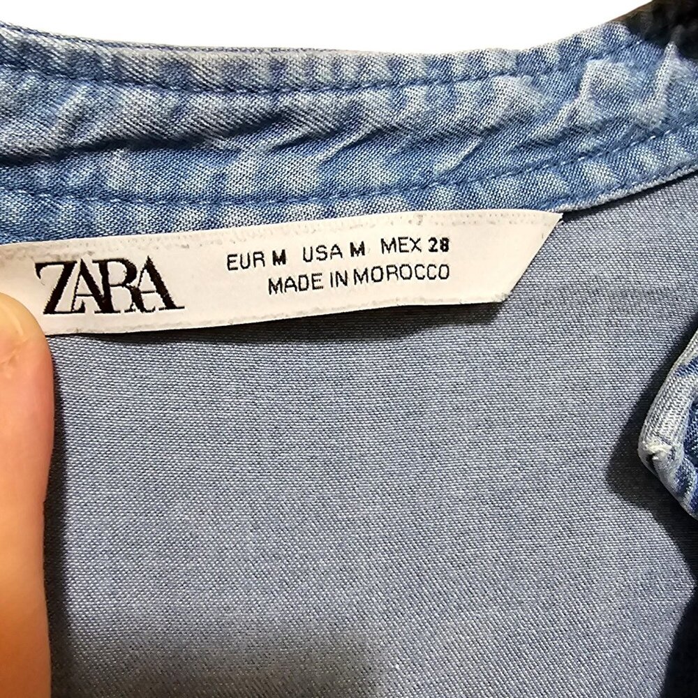 Zara Womens Chambray Button-Front Shirt M Blue Long Sleeve Casual - Picture 4 of 9